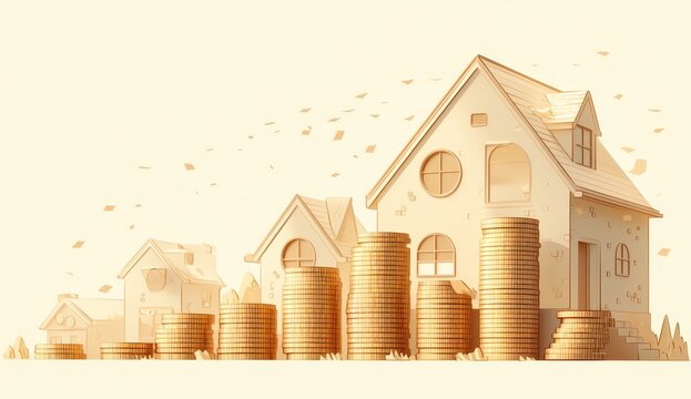 Photo of a house model next to stacks of gold coins on a white background, representing real estate. 