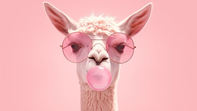 Photo of a llama wearing sunglasses and blowing pink bubblegum on a solid color background