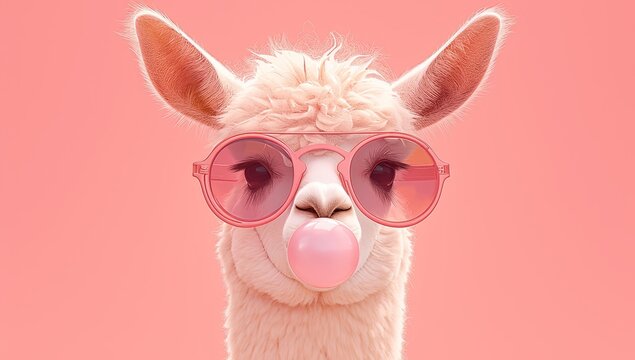 photo of cute llama wearing sunglasses blowing bubble gum, solid pink background with space