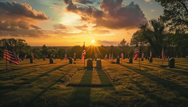 A cemetery with many graves and flags in the background