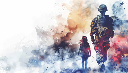 A woman in a military uniform is holding a child's hand - obrazy, fototapety, plakaty