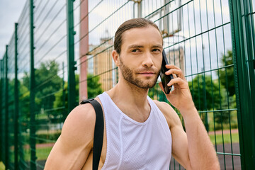 A determined man in sportswear talks on his cell phone in an outdoor setting while showcasing his...