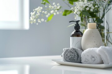 Tranquil spa bathroom scene with toiletries, soap, and towel on soft white background - Powered by Adobe