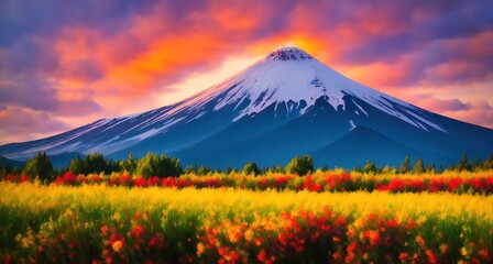 Mountain with Colorful Flowers - obrazy, fototapety, plakaty
