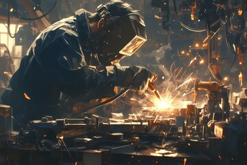 The goods and services, a person welding in the background with sparks flying from it, dark background - obrazy, fototapety, plakaty