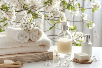 Fototapeta na wymiar Serene spa bathroom scene with toiletries, soap, and towel on soft white background