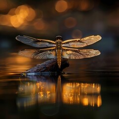 This captivating macro image showcases a Norfolk Hawker dragonfly resting on a twig above water, with stunning reflections and bokeh lights at dusk.