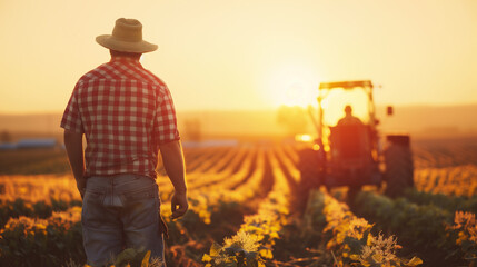 Farmer overseeing field work at sunset, the golden hour of agriculture.