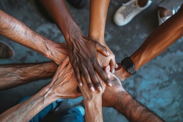 Diverse hands symbolizing teamwork, empathy, partnership, and social connection in business