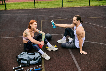 A personal trainer guides a man and woman in sportswear as they exercise on a tennis court with...