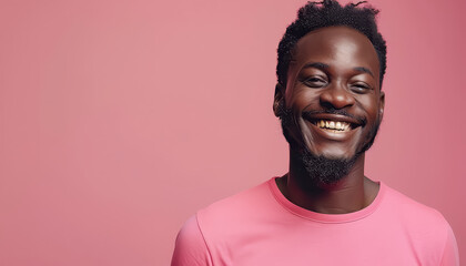 Obraz premium A man with a beard and a pink shirt is smiling