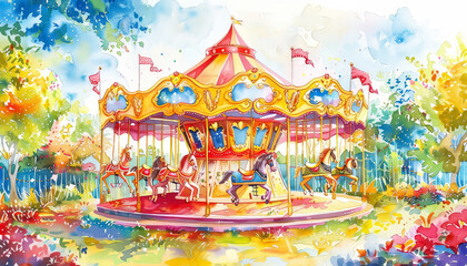 A colorful carousel with a red and white tent