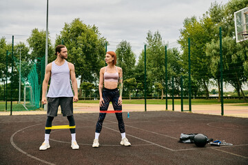 A man and woman in sportswear train on a court with determination and motivation.