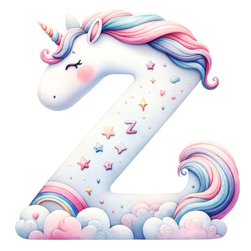 Watercolor Cute Pastel  The letter Z is a Unicorn with a pink and blue mane. It is surrounded by stars and clouds