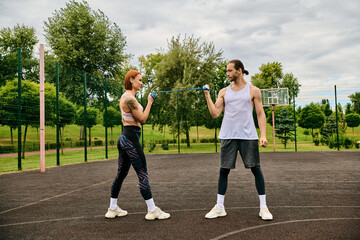 A dedicated personal trainer and a determined woman in sportswear stand resolutely on a court,...