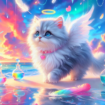 かわいいペルシャ猫の赤ちゃんは天使の翼を生やし白い砂浜で幻想的なガラスボトルに囲まれている