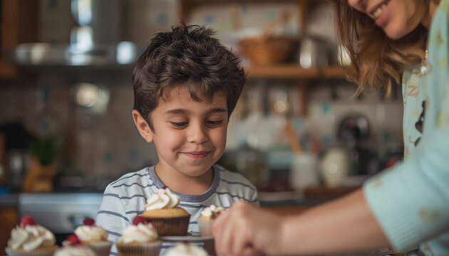 A woman and a child are making cupcakes in a kitchen
