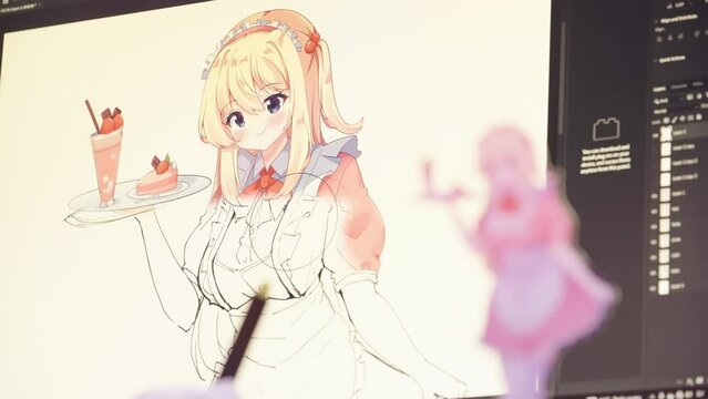 Anime artist reveal finished version of anime maid girl and refocus to figure 4K