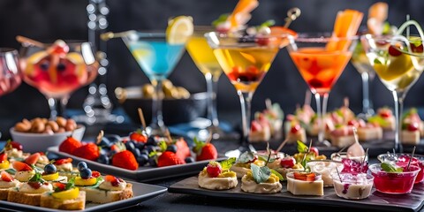 colorful cocktails served in martini glasses or highball glasses - obrazy, fototapety, plakaty