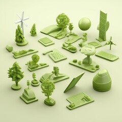 A set of clay environmental symbols like trees and solar panels, illustrating green business practices, 3D illustration