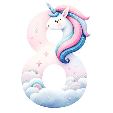 Watercolor Cute Pastel  Unicorn The Number 8  with a pink and blue mane. It is surrounded by stars and clouds
