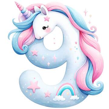 Watercolor Cute Pastel  Unicorn The Number 9 with a pink and blue mane. It is surrounded by stars and clouds