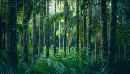 A lush green forest with palm trees and a bright sunny day