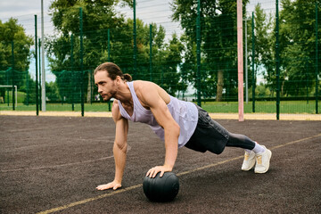 A man in sportswear performing push ups with a ball under the guidance of a personal trainer,...