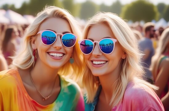 Portrait shot of the cute and beautiful Caucasian blonde girls in sunglasses smiling and laughing to the camera while posing at the holi fest celebration. Outdoor