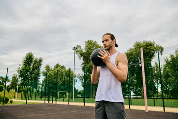 A man in sportswear holds a ball on the court, displaying determination and motivation for the game...