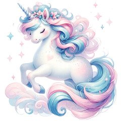 Watercolor Cute Pastel   Unicorn with a pink and blue mane. It is surrounded by stars and clouds