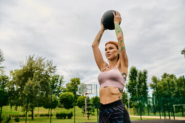 A woman in sportswear, holding a medicine ball, trains outdoors with motivation