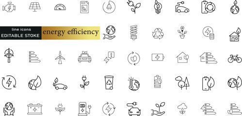 Line icons about energy efficiency and saving. Sustainable development. Thin line icon set. Symbol collection in transparent background. Editable vector stroke. 512x512 Pixel Perfect