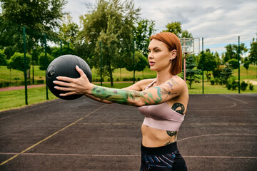 A woman in sportswear, holding a ball, trains outdoors with determination and motivation