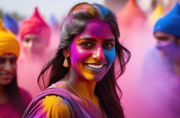 Obraz premium Portrait of young Indian Woman celebrating Holi color festival