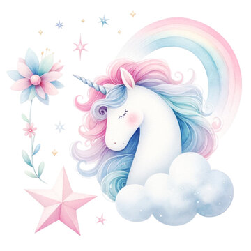 Watercolor Cute Pastel   Unicorn with a pink and blue mane. It is surrounded by stars and clouds