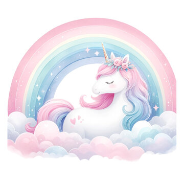 Watercolor Cute Pastel   Unicorn with a pink and blue mane. It is surrounded by stars and clouds