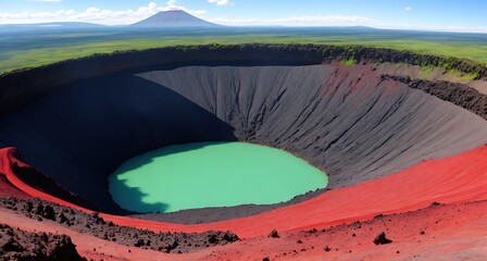 A large crater with a red lake in the center. The crater is surrounded by green grass and a blue sky.