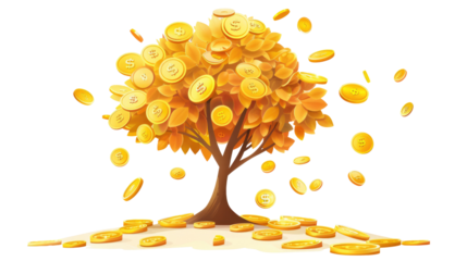concept of money investment, savings, growth, business. A money tree with golden coin leaves falling down on transparent background