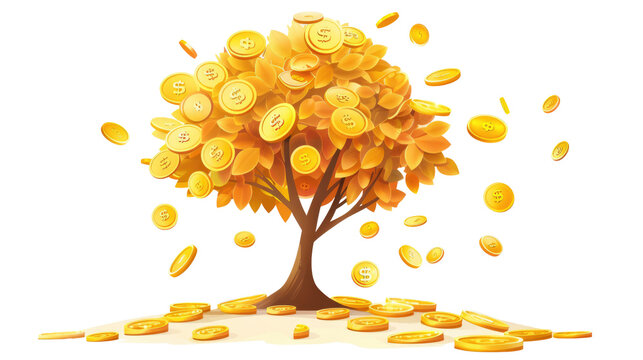 concept of money investment, savings, growth, business. A money tree with golden coin leaves falling down on transparent background - Powered by Adobe