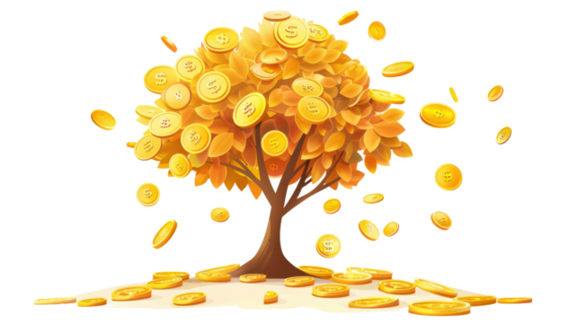 concept of money investment, savings, growth, business. A money tree with golden coin leaves falling down on transparent background