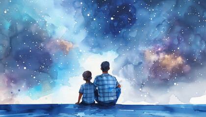 A man and a boy are sitting on a railing looking at the stars