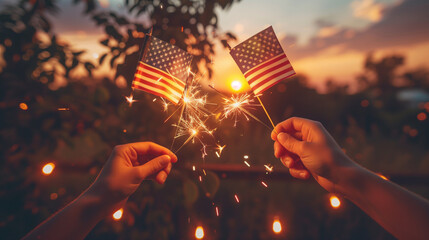 Sunset Celebration: USA Festivity with Sparklers, American Flag, and Fireworks - obrazy, fototapety, plakaty