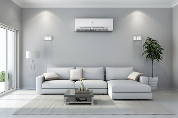 Modern living room, energy efficient air conditioner and natural fresh air for eco-friendly cooling