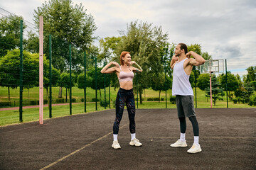 A woman in sportswear stand on a court, exercising together with a personal trainer, showing...