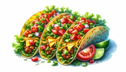 Three tacos filled with ground meat, lettuce, cheese, and diced tomatoes, garnished with lime wedges.