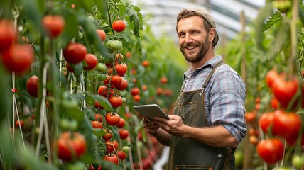 A man is standing in a greenhouse with a tablet in his hand