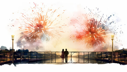 A couple is standing on a pier, watching fireworks - obrazy, fototapety, plakaty