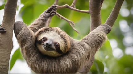 Funny sloth hanging on tree branch, cute face look, perfect portrait of wild animal in the Rainforest of Costa Rica scratching the belly. generative.ai