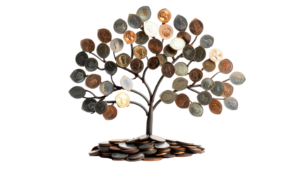 concept of money investment, savings, growth, business. A money tree with golden coin leaves falling down on transparent background